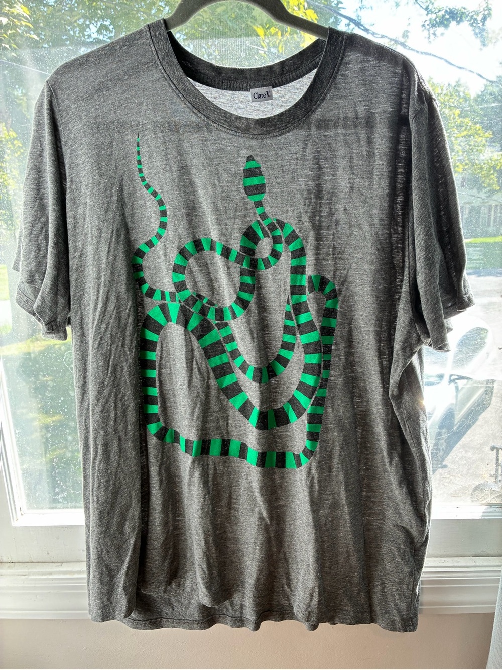 Clare V Gray Tee with Green Striped Snake Motif